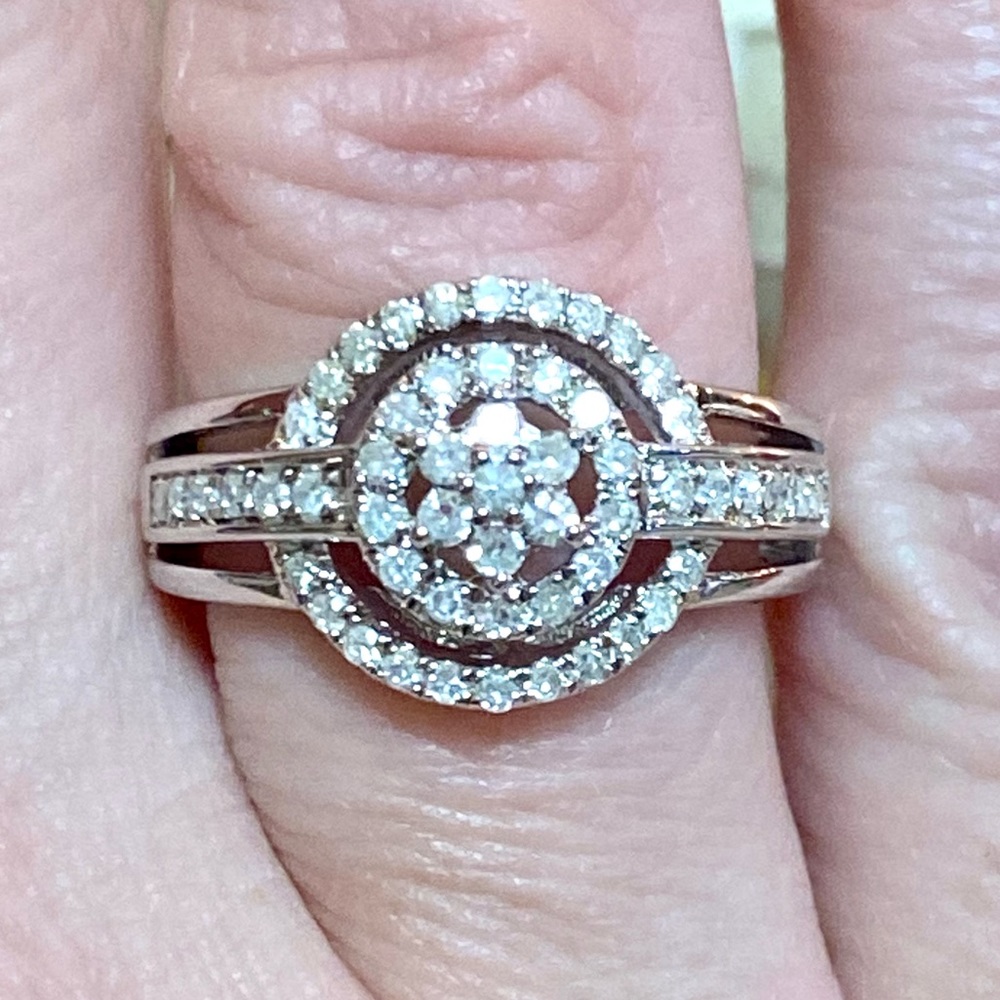 Genuine 1 Carat Diamond Flower Cluster Double Halo Ring ~ Triple Band Ring